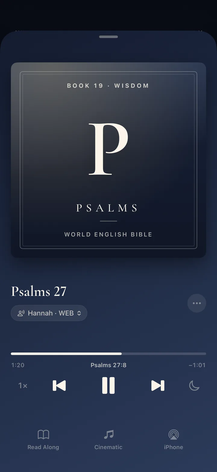 Audio player in the Night theme with Hannah narrating Psalm 27, with speed, sleep timer, and Immersive Audio controls