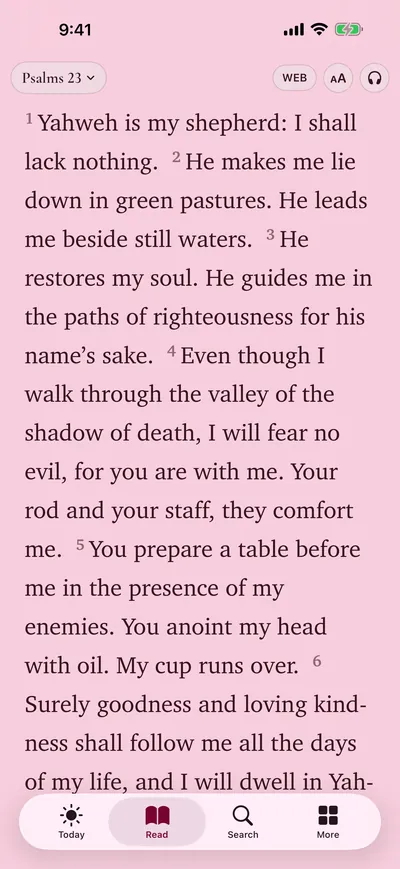 Reader showing Psalm 23 in the Rose theme